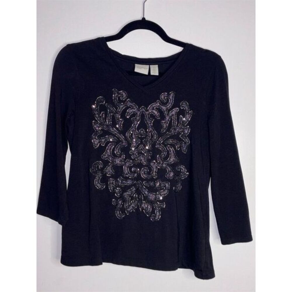 Chicos Zenergy Women's Black Beaded V-Neck 3/4 Sleeve Pullover Top Size 0